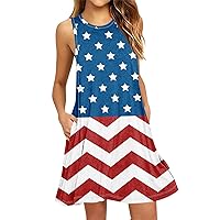 Women July 4th Dresses Summer Casual Round Neck Sleeveless American Flag Print Patriotic Beach Sundress with Pockets
