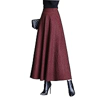 Women's Winter Houndstooth Long Skirt Elegant High Waist Warm Wool Elastic Waist Maxi Pleated Skirt S-3XL