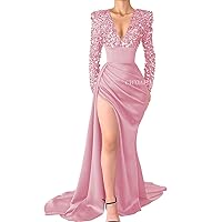 V Neck Sequin Mermaid Prom Dresses for Women Silk Satin Long Sleeve Evening Gown with Slit Formal Wedding Party Dresses