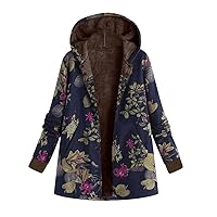 Womens Fleece Lined Jackets Parka Boho Flowers Floral Print Hooded Vintage Loose Warm Coat Plus Size XXXL