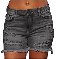 Plus Size Ripped Jeans for Women, Distressed Frayed Stretch Button Jean Shorts, Womens Elastic Waist Casual Denim Shorts