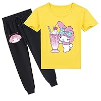 Toddler My Melody Graphic 2 Piece Tee Set,Cotton Short Sleeve Crewneck Shirt and Jogging Pants Suit(2T-14Y)
