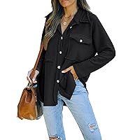 Flygo Women's Vintage Frayed Collared Long Sleeve Button Down Shirt Shacket Jacket