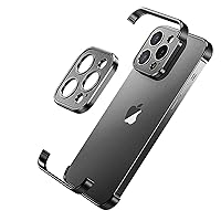 Aluminum Metal Frameless Soft Inner Bumper Case with Camera Lens Protector, for iPhone 15 Pro Max,No Back Design Compatible with MagSafe Wireless Charging Black