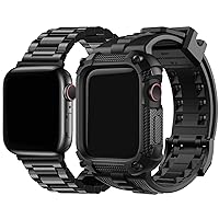 Fullmosa Compatible Stainless Steel Apple Watch Band 44mm Black with case & Compatible Apple Watch Silicone Rubber Band 44mm with Screen Protector,Black