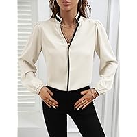 Women's Tops Women's Shirts Sexy Tops for Women Notched Neck Bishop Sleeve Blouse (Color : Beige, Size : Large)