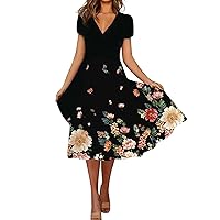 Easter Dress Women, 2024 Spring Summer Short Sleeve Midi Dress Casual Boho Floral Print Ruffle Dresses with Bow in Back Outfits for Women Engagement Photo Dresses Casual (S, Black)
