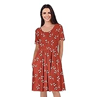 Women's Short Sleeve Empire Knee Length Dress with Pockets White and Coral