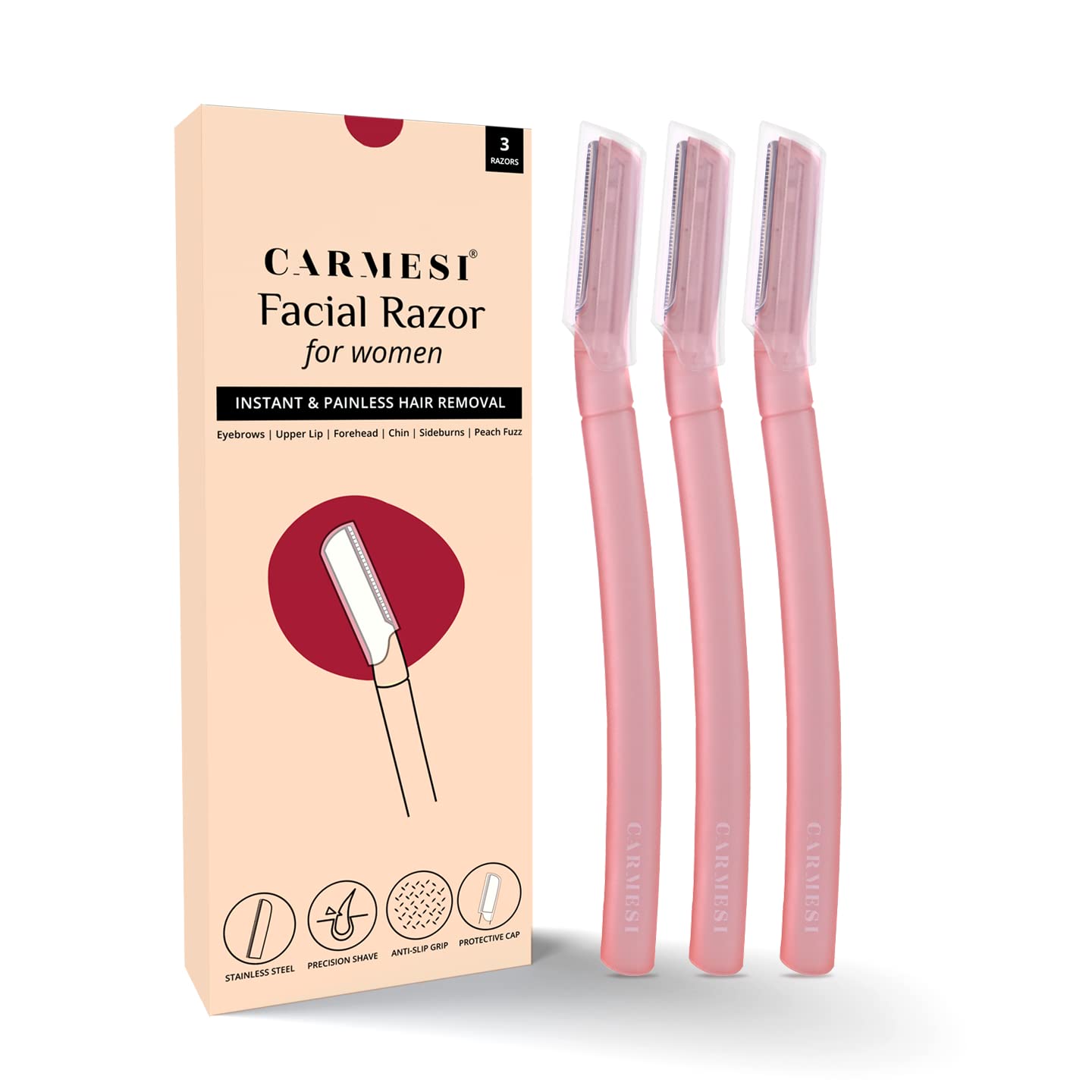 Carmesi Reusable Face Razor for Women Facial Hair- 3 Razors | Instant & Painless Hair Removal | For Eyebrows, Upper Lip, Forehead, Peach Fuzz, Chin and Sideburns | Dermaplaning Tool