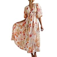 Womens Summer Dresses Personalized Design Women's Beach Floral Print V Neck Sexy Casual Dress(Pink,Small)