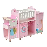 Olivia's Little World Amanda 6-in-1 Wooden Doll Nursery Station with Rocking Cradle, High Chair, Storage, Washing Machine and Sink - for 3 yrs and up, Pretend Play House, Daycare - Pink/Multi