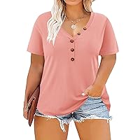 RITERA Plus Size Tops Women Short Sleeve Shirt V Neck Button Tops Basic Solid Color Tee Shirts Light Pink 5XL