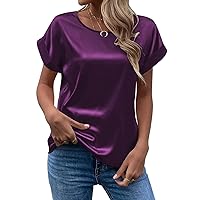 Women's Summer Tops T-Shirt Elegant Solid Round Neck Rolled Short Sleeve Satin Silk Blouse Tops and Blouses