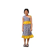 Blue Lotus Flower Hand Block Printed 100% Cotton Cute Dress for Girls - Soft and Breathable Fabric, Kids Dress