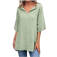 2024 Summer Cotton and Linen Blouses for Women V-Neck Short Sleeve Loose Comfy Shirts Solid Color Plus Size Tops