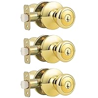 GOBEKOR 3 Pack Keyed Alike Door Knobs Entry Door Knobs with Lock and Key Gold Door Knob Polished Brass Exterior Door Knob with Same Keys