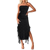 MEROKEETY Women's Strapless Bodycon Midi Dress Lace Floral Side Slit Ruched Wedding Guest Dress