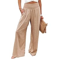 Women High Waisted Cotton Linen Palazzo Pants Wide Leg Long Lounge Pant Trousers with Pocket