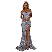 Basgute Sparkly Sequin Mermaid Prom Dresses for Women 2024 Long Bodycon Off Shoulder Formal Evening Party Gown with Slit