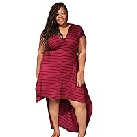 Women's Ribbed Plus Size Hi Low Striped Short Sleeve Maxi Dress Burgundy 2X