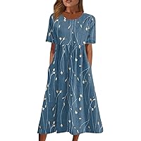 A Line Dresses for Women, Beach Dresses Prom Dresses for Women Pleated Dress Ladies Daily Midi Classic Dresses Short-Sleeve Dressy Trendy Women's Round Neck Fashion with Pocket