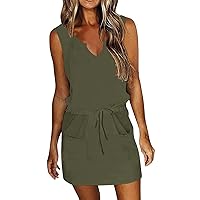 Tea Party Dress,Women's Loose Solid Color Pocket Elastic Waist Belt Tank Dress Womens Dresses Casual Summer Lon