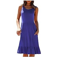 Women Summer Casual T Shirt Dresses Beach Cover up Plain Pleated Tank Dress Ruffle Tiered Swing Sundress with Pockets