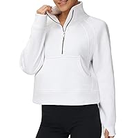 Tmustobe Women's Fleece Lined Crop Pullover Half Zip Long Sleeve Sweatshirt Athletic Workout Tops with Pockets Thumb Hole