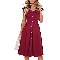 Lamilus Women's Casual Summer Ruffle Sleeve V-Neck Button Down A-Line Swing Party Dress