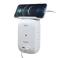 Philips 6-Outlet Tap with Device Shelf, 450J, Space Saving Design with Indicator Light, for Smartphone Charging Station, Multi-Use, 2 USB Ports (2.4A), White – SPS6022WA/37