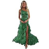 UZN One Shoulder Tiered Lace Tulle Prom Dress Long Split Mermaid Evening Formal Party Gowns