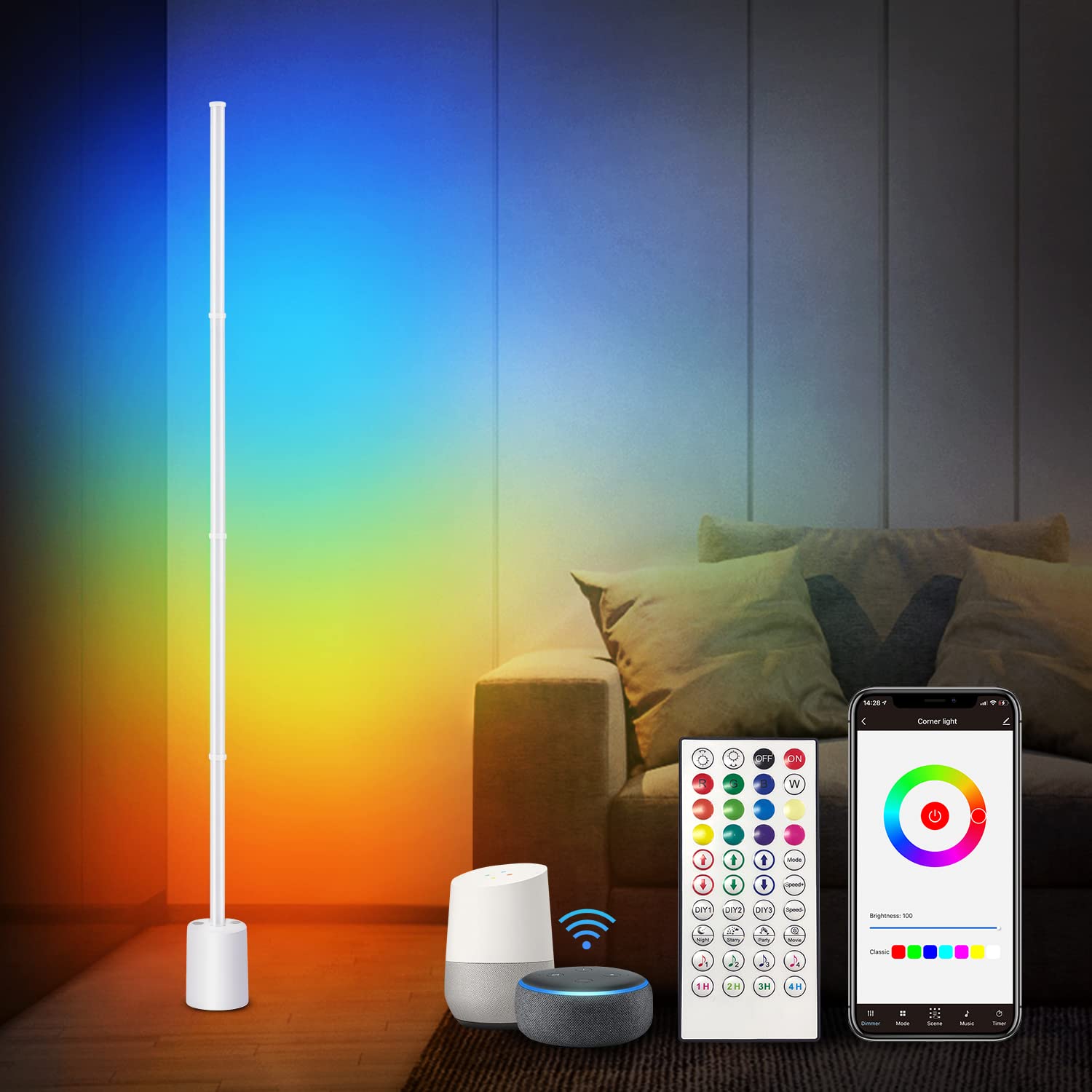 LOQRON Corner Floor Lamp, Smart RGB Color Changing Mood Lighting, Dimmable LED Floor Lamp, Music Sync, Lighting Presets, Creative DIY, Voice Contro...