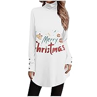 Merry Christmas Shirts Women Long Sleeve High Neck Basic Tops Solid Print Oversized Sweatshirt Work Trendy Tunics