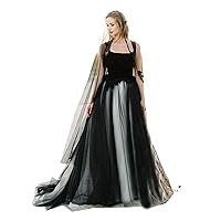 LIPOSA Gothic Black Wedding Dress for Women A-Line Square Neck Sleeveless Velour Tulle Skirt Long Halloween Bridal Gown