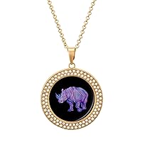Rainbow Rhino Diamond Necklace Round Pendant Jewelry Gold Sliver Chains with Cute Graphic for Men Women