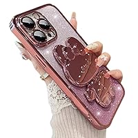 for iPhone 15 Case Cute Rabbit Mirror Stand,15 Phone Case Bling Glitter Girly Soft TPU Bumper,Luxury Plating Sparkle Gradient Shockproof Case for iPhone 15 for Women Girls