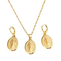 18K Gold Plated Virgin Mary Pendant Necklace Earring Set Religious Jewelry