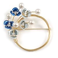 Blue/Pale Blue Flower, Pearl Wreath Brooch In Gold Tone -70mm Across