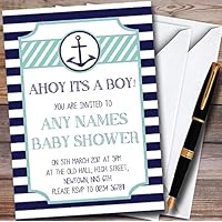 Navy Blue Stripe Nautical Anchor Personalized Baby Shower Invitations