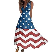 American Flag Dresses for Women 4th of July Casual Printed V-Neck Pullover Sleeveless Waist Dress