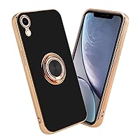 Case Compatible with Apple iPhone XR in Glossy Black - Gold with Ring - Protective Cover Made of Flexible TPU Silicone, with Camera Protection and Magnetic car Holder