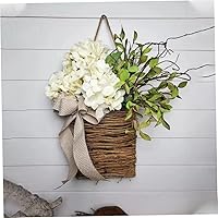 Hanging Ratten Basket Wreath, 40x25cm Artificial Hydrangea Hanging Wreath with Ribbon & Leaf Branch, Summer Front Door Flower Garland, Seasonal Welcome Sign for Home Wedding Decoration