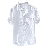 Mens Linen Henley Shirts Short Sleeve Casual Lightweight 1/4 Button Beach Yoga Shirts Curved Hem T Shirts with Pocket