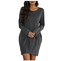 Women's Dresses Casual Solid Color Stitching O-Neck Long Sleeve Pocket Loose Knit Home Dress