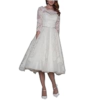 Lorderqueen Women's Vintage Tea Length Long Sleeve Wedding Dress Bridal Gowns