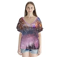 PattyCandy Womens Casual Blouse Starry Night Space Stars Pattern V-Neck Flutter Sleeve Top