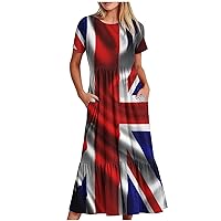 Black of Friday Deals 2024 Home Women's 4th of July Maxi Dress American Flag Short Sleeve Dresses Summer Holiday Outfits Patriotic Dress with Pocket Robe De SoiréE