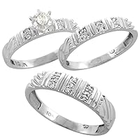 Sterling Silver Diamond Trio Wedding Ring Set His 5mm & Hers 3.5mm Rhodium Finish, Mens Size 8 to 14