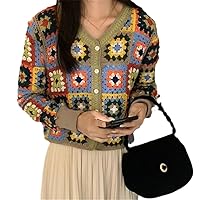 Korean Crochet Tops Cardigan Women Plaid Knit Sweater Cardigans Female Jacket Coat Clothing