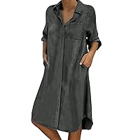 Short Summer Dresses for Women 2024 Sexy, Denim Solid Casual Long Sleeve V Neck Dress Pocket Button Dress Loos